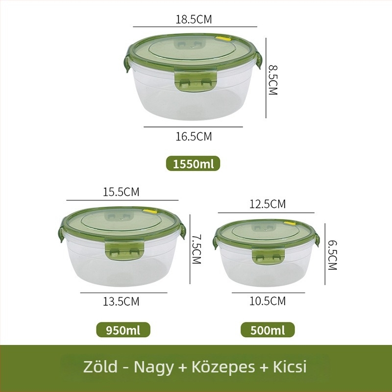Élelmiszer-minőségű műanyag ebédes doboz szellőzőnyílásokkal, mikrohullámú sütőben használható, kerek formájú, kapacitás 1–2 L, fedéllel