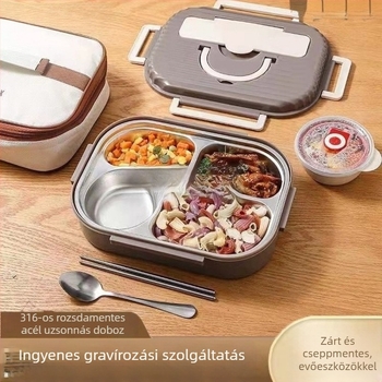 Élelmiszer-minőségű 316 rozsdamentes acélból készült hőszigetelt ebédes doboz fedéllel, négy rekesz, hordozható iroda- és iskolai ebédhez