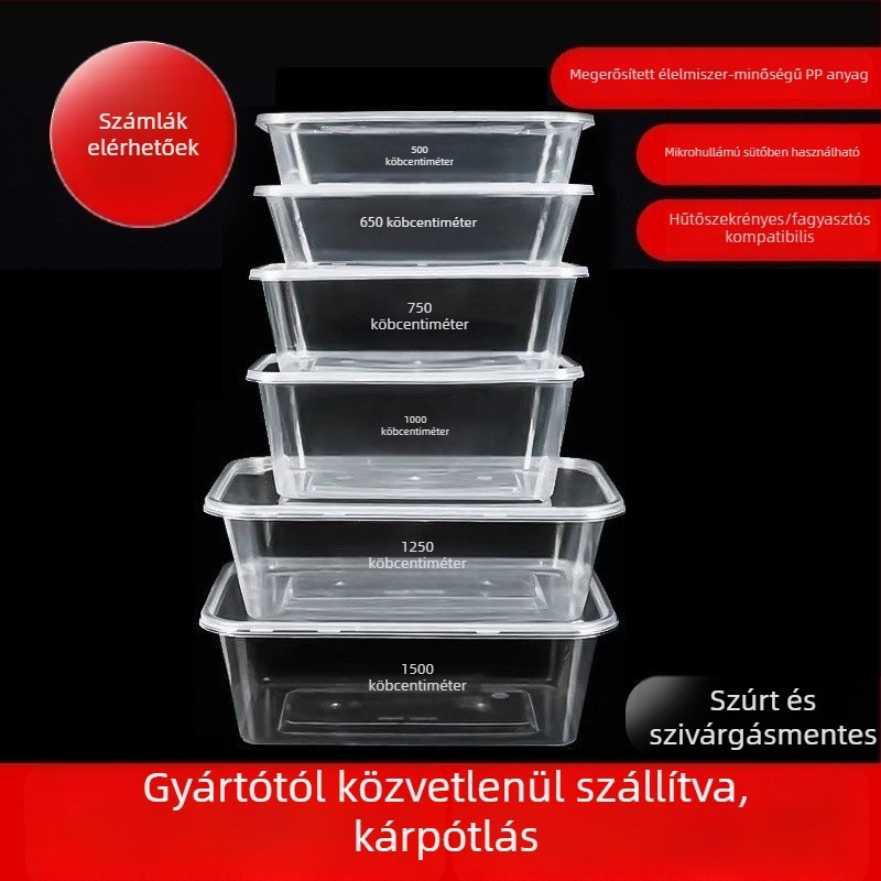 Egyszer használatos téglalap alakú ebédes doboz fedővel, átlátszó, 1000 ml, PP műanyag, mikrohullámú sütőben használható