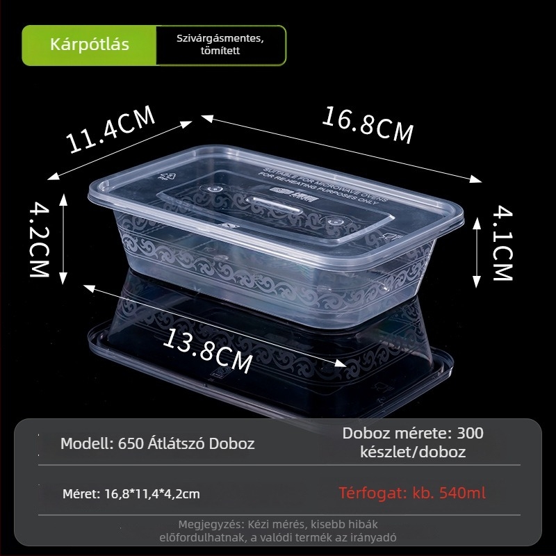 Egyszer használatos téglalap alakú ebédes doboz fedővel, átlátszó, 1000 ml, PP műanyag, mikrohullámú sütőben használható