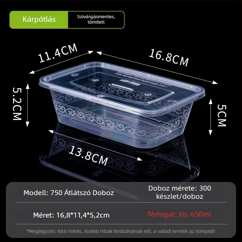 Egyszer használatos téglalap alakú ebédes doboz fedővel, átlátszó, 1000 ml, PP műanyag, mikrohullámú sütőben használható