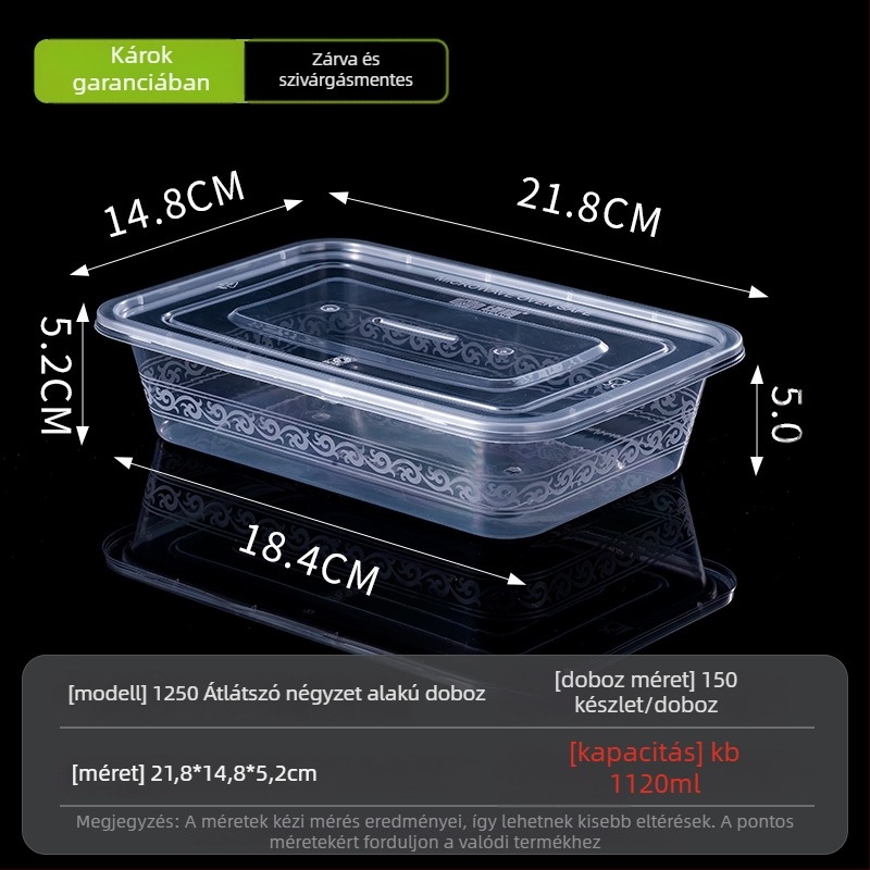 Egyszer használatos téglalap alakú ebédes doboz fedővel, átlátszó, 1000 ml, PP műanyag, mikrohullámú sütőben használható