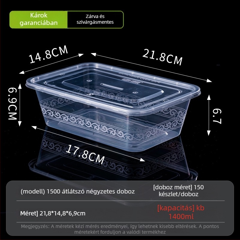 Egyszer használatos téglalap alakú ebédes doboz fedővel, átlátszó, 1000 ml, PP műanyag, mikrohullámú sütőben használható