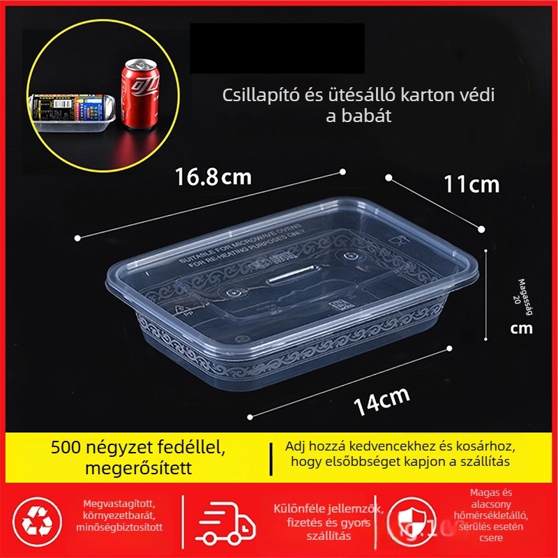 Egyszer használatos téglalap alakú ebédes doboz fedővel, átlátszó, 1000 ml, PP műanyag, mikrohullámú sütőben használható