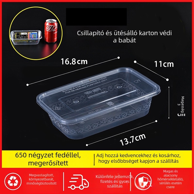 Egyszer használatos téglalap alakú ebédes doboz fedővel, átlátszó, 1000 ml, PP műanyag, mikrohullámú sütőben használható