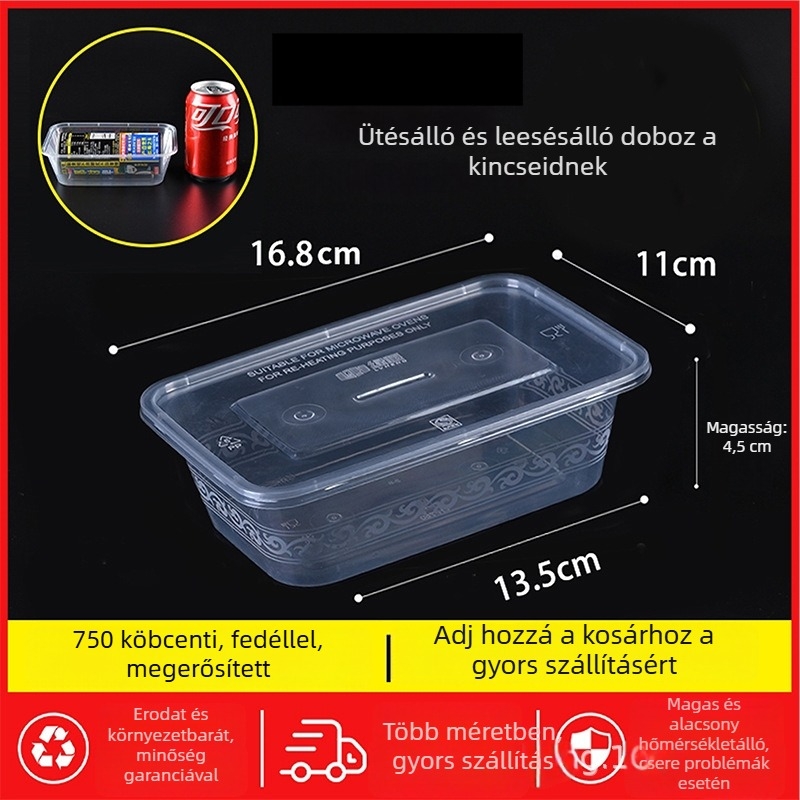 Egyszer használatos téglalap alakú ebédes doboz fedővel, átlátszó, 1000 ml, PP műanyag, mikrohullámú sütőben használható
