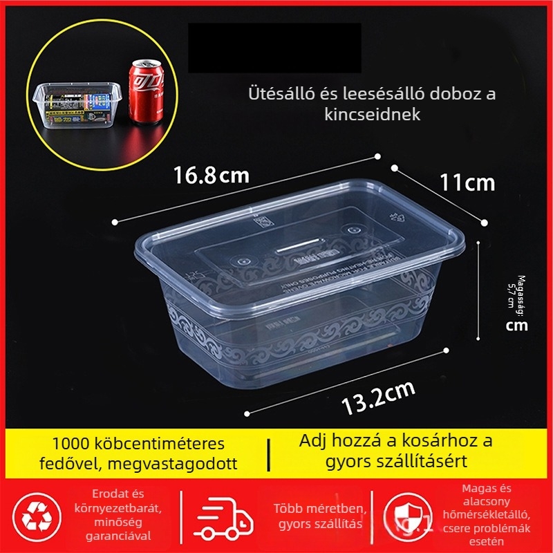 Egyszer használatos téglalap alakú ebédes doboz fedővel, átlátszó, 1000 ml, PP műanyag, mikrohullámú sütőben használható