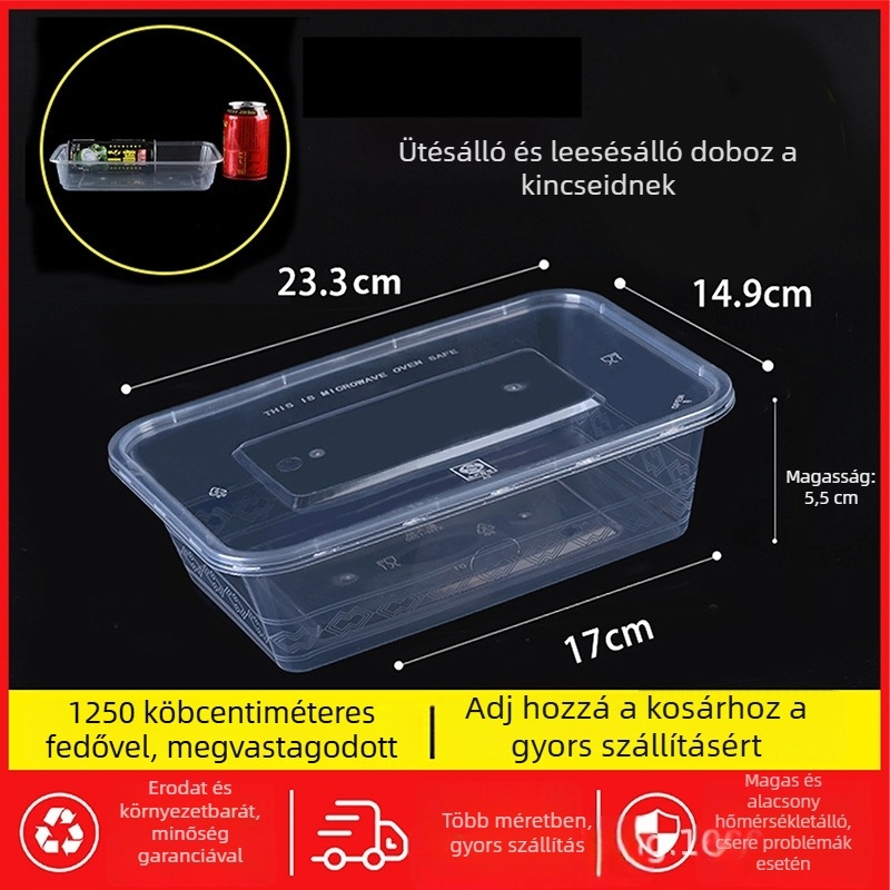 Egyszer használatos téglalap alakú ebédes doboz fedővel, átlátszó, 1000 ml, PP műanyag, mikrohullámú sütőben használható