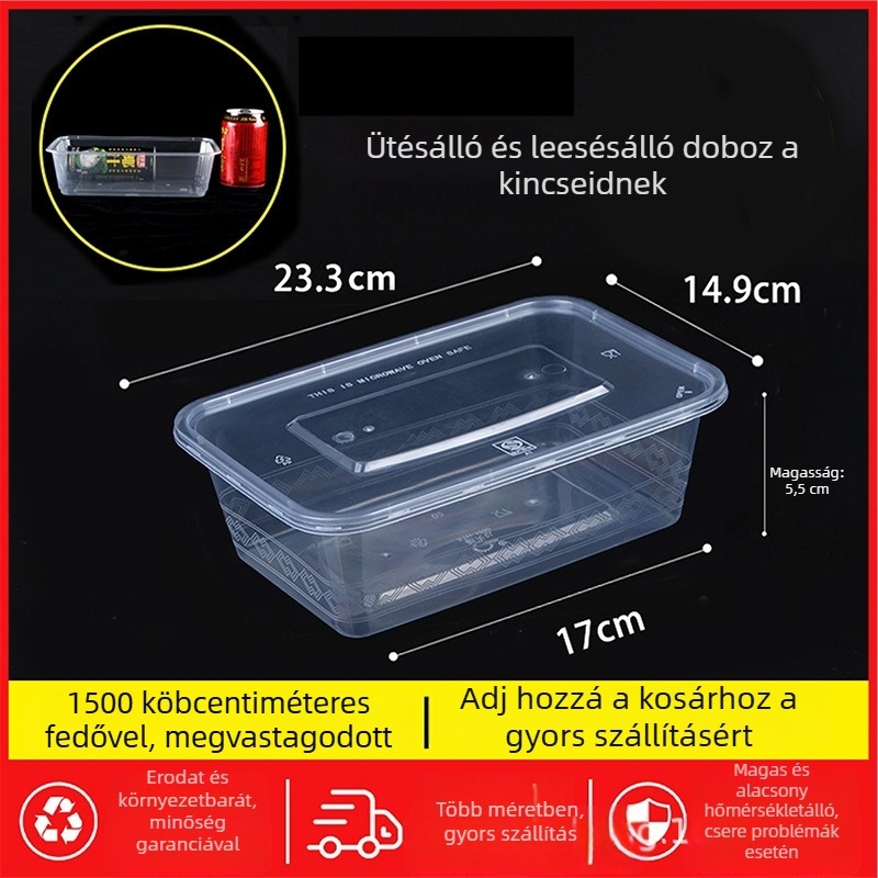 Egyszer használatos téglalap alakú ebédes doboz fedővel, átlátszó, 1000 ml, PP műanyag, mikrohullámú sütőben használható