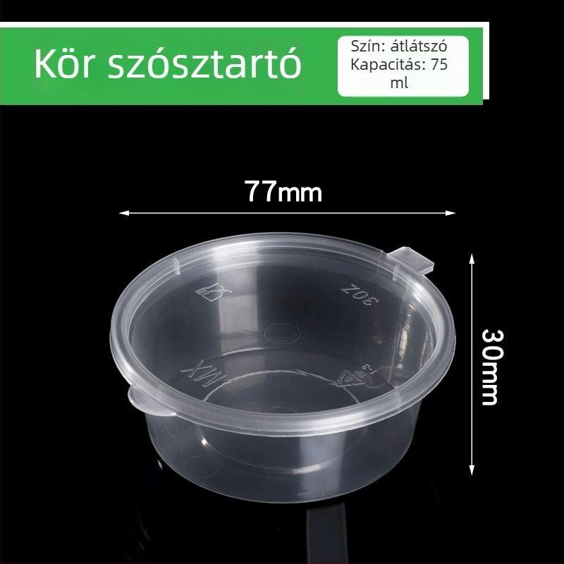 Egyszer használatos szósz pohár elvitelhez fedővel, műanyagból, mikrohullámú sütőben használható, logó nyomtatás elérhető, testreszabás elérhető