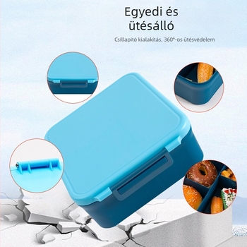 Gyerekeknek készült térelválasztós téglalap alakú ebédes doboz, leveses pohárral és villával-kanállal, élelmiszerbiztonságos PP, 501–800 ml, mikrohullámú sütőben használható