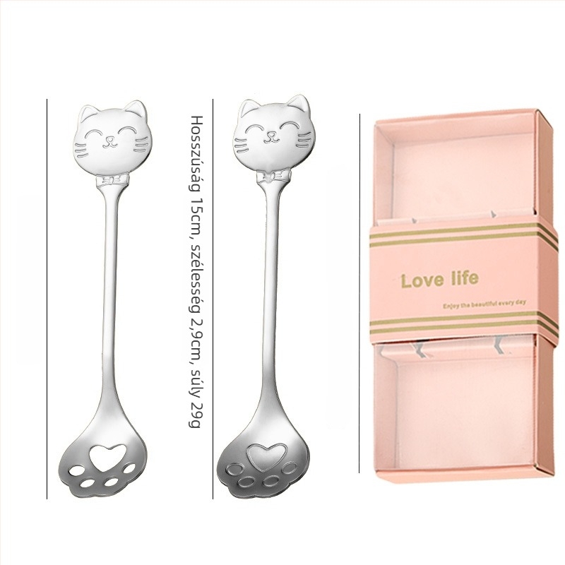 Kávéskanál rozsdamentes acélból, cat paw spoon modell, rajzfilm mintázat, aranyos stílus
