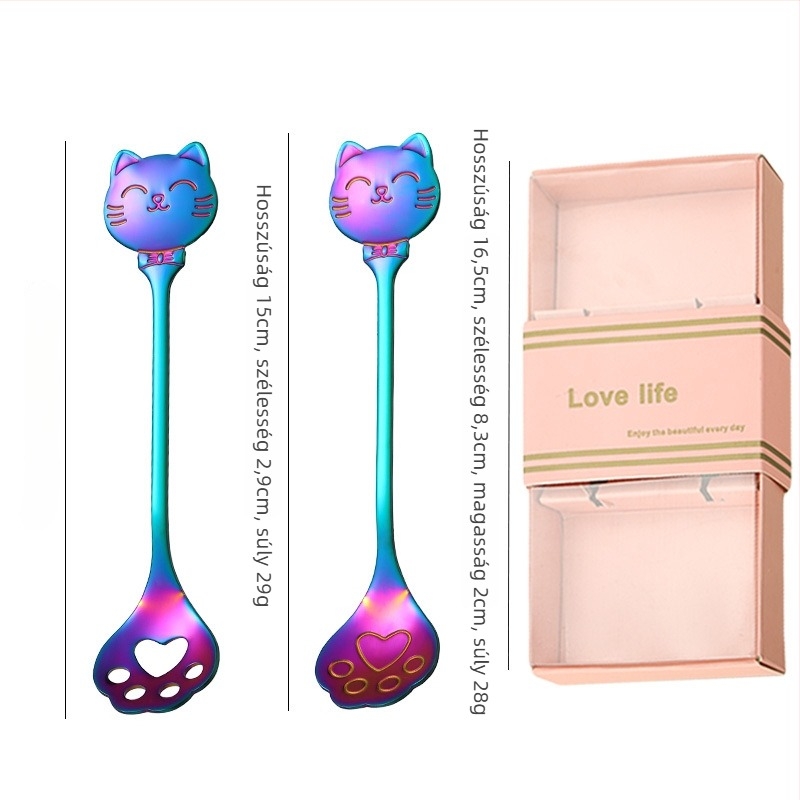 Kávéskanál rozsdamentes acélból, cat paw spoon modell, rajzfilm mintázat, aranyos stílus