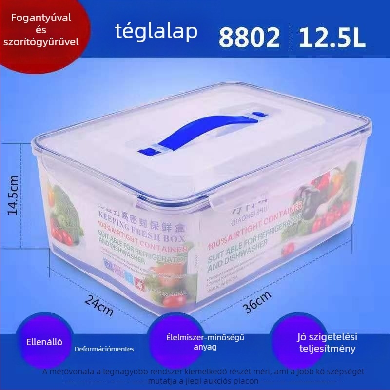 PP anyagú, téglalap alakú átlátszó frissességmegőrző tárolóedény, kapacitás >5 L, mikrohullámú sütőben használható