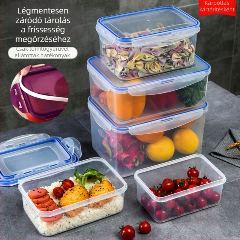 Mikrohullámú ebédes doboz fedővel, élelmiszer-minőségű PP anyagból, téglalap alakú frissesség megőrző doboz, hűtőszekrénybe zárható