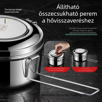Párolt ebédes doboz fedővel, 316-os rozsdamentes acélból, élelmiszer-minőségű, kerek, rekeszekkel