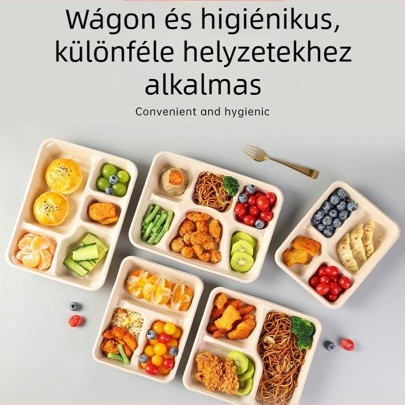 Egyszer használatos, több rekeszű ebédes doboz cukornád rostból (3/4/5 rekesz), mikróbarát, biológiailag lebomló, 25 db/os csomag