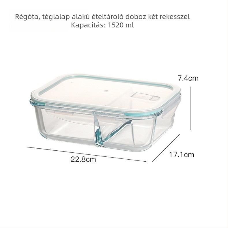 Hőálló üveg ebédes doboz, mikrohullámú sütőben használható, téglalap alakú, zárható, hűtőben tároláshoz