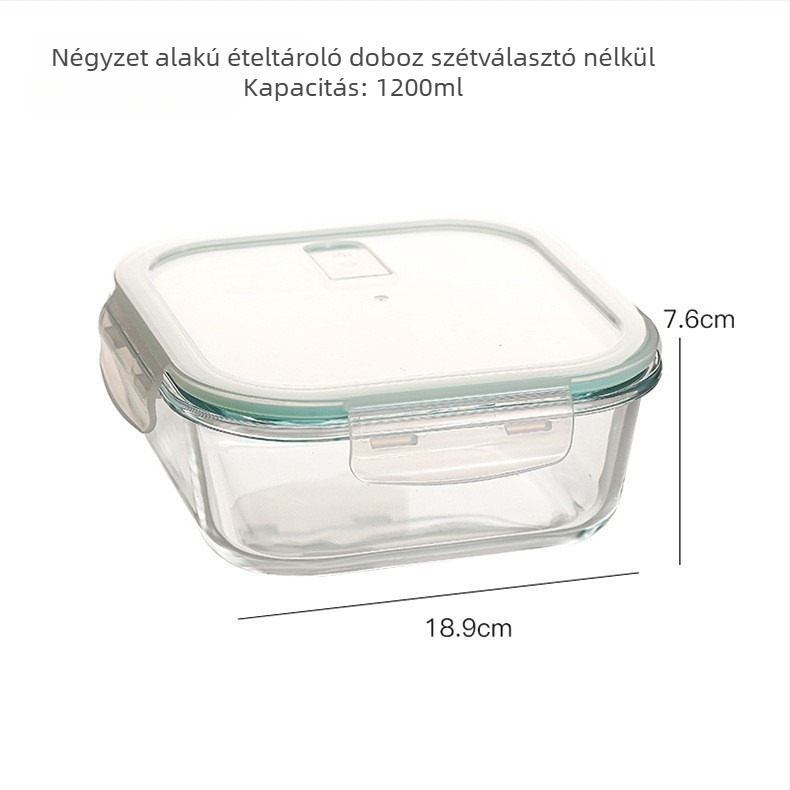 Hőálló üveg ebédes doboz, mikrohullámú sütőben használható, téglalap alakú, zárható, hűtőben tároláshoz