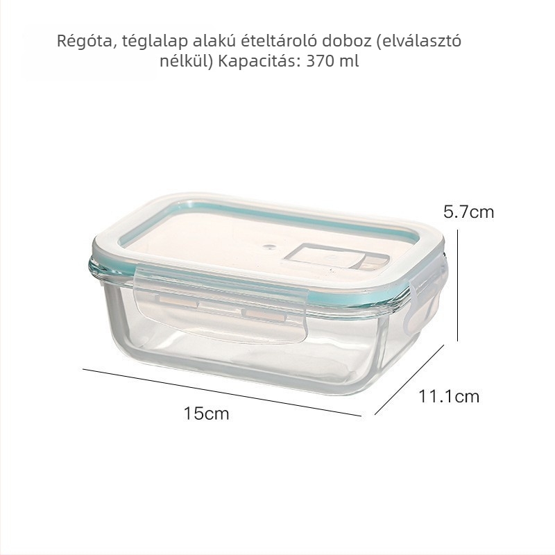 Hőálló üveg ebédes doboz, mikrohullámú sütőben használható, téglalap alakú, zárható, hűtőben tároláshoz