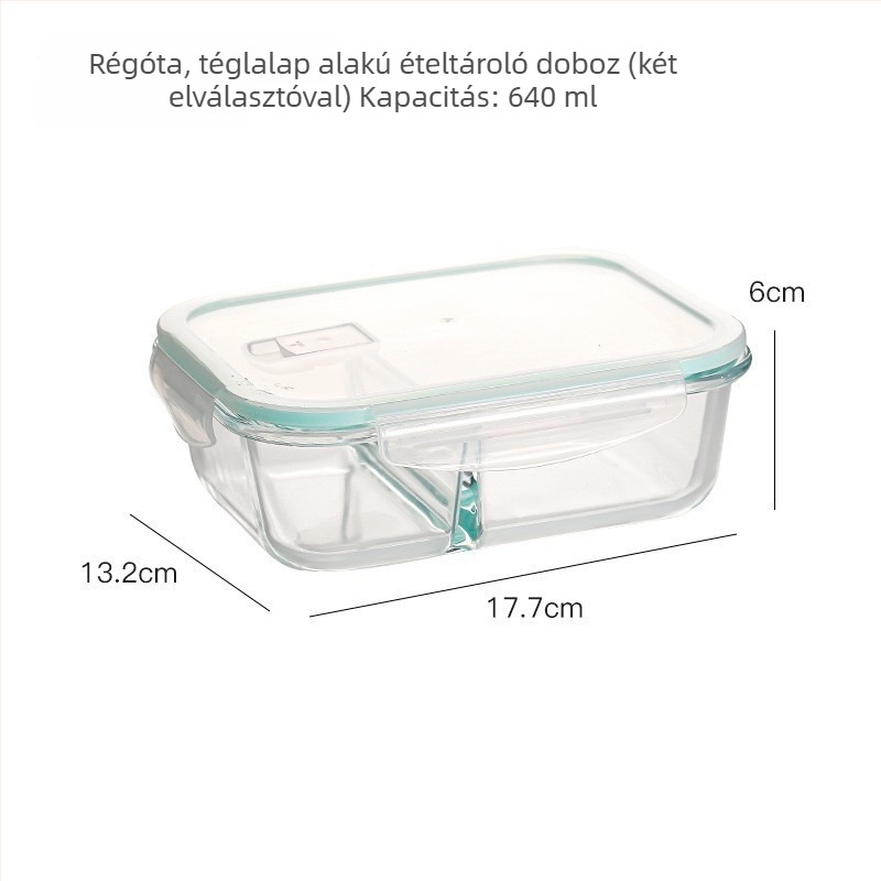 Hőálló üveg ebédes doboz, mikrohullámú sütőben használható, téglalap alakú, zárható, hűtőben tároláshoz