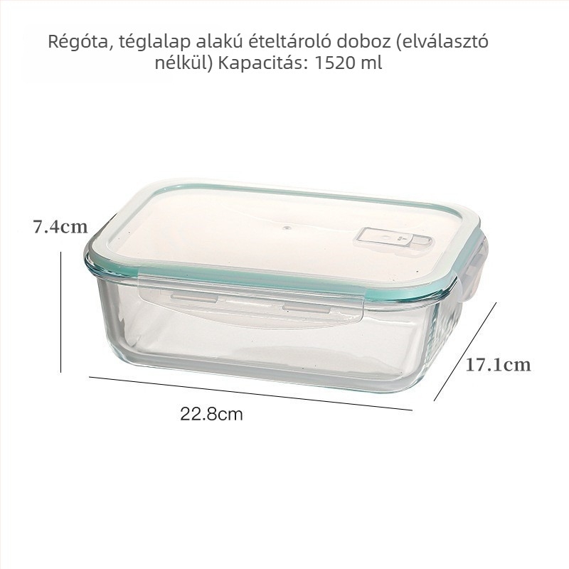 Hőálló üveg ebédes doboz, mikrohullámú sütőben használható, téglalap alakú, zárható, hűtőben tároláshoz