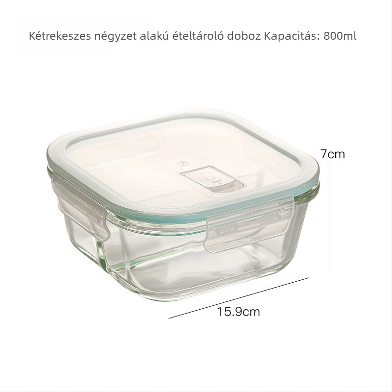 Hőálló üveg ebédes doboz, mikrohullámú sütőben használható, téglalap alakú, zárható, hűtőben tároláshoz