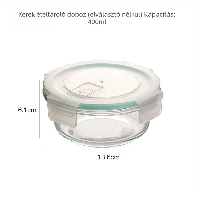 Hőálló üveg ebédes doboz, mikrohullámú sütőben használható, téglalap alakú, zárható, hűtőben tároláshoz