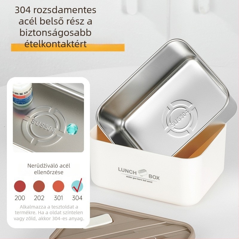 Ebédesüveg 304 rozsdamentes acélból, téglalap alakú, mikróban használható, frissességet megőriz, zárható fedél, diákoknak