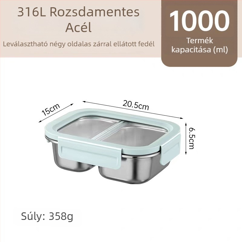 316L rozsdamentes acél ebédes doboz, dupla rekesz, szigetelt és lezárható, mikrohullámú sütőben melegíthető, 800–1000 ml, téglalap alakú