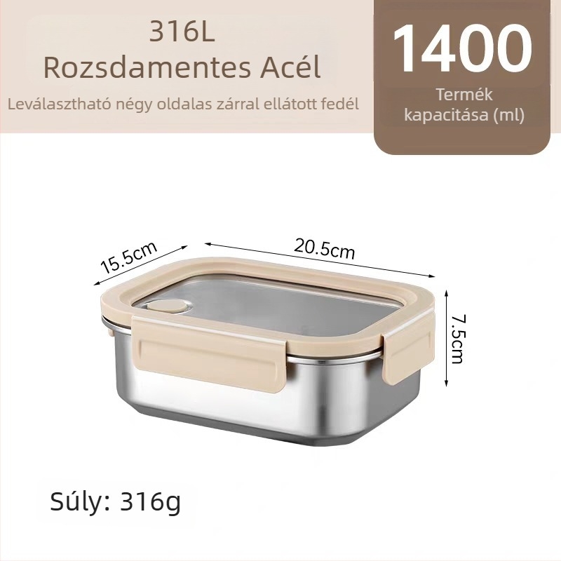 316L rozsdamentes acél ebédes doboz, dupla rekesz, szigetelt és lezárható, mikrohullámú sütőben melegíthető, 800–1000 ml, téglalap alakú