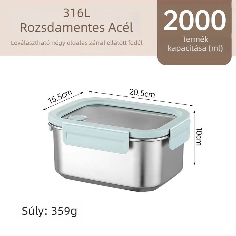 316L rozsdamentes acél ebédes doboz, dupla rekesz, szigetelt és lezárható, mikrohullámú sütőben melegíthető, 800–1000 ml, téglalap alakú