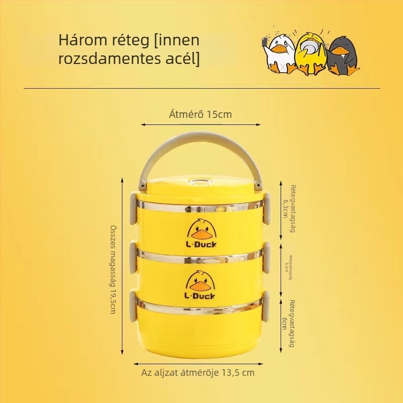 Háromrétegű rozsdamentes acél ebédes doboz rajzfilmszerű kacsa mintával, melegen tartó, kapacitás 1–2 L