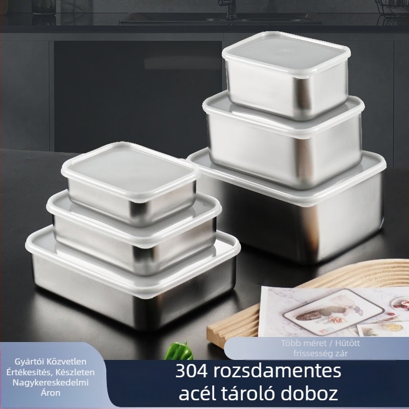 304 rozsdamentes acélból készült zárt tároló doboz, téglalap alakú, átlátszó fedél, élelmiszerbiztonságos, logó nyomtatás lehetséges