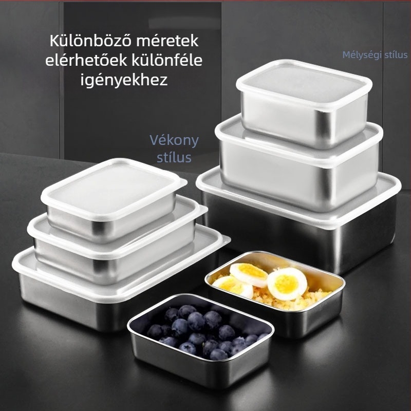 304 rozsdamentes acélból készült zárt tároló doboz, téglalap alakú, átlátszó fedél, élelmiszerbiztonságos, logó nyomtatás lehetséges