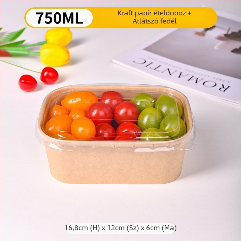 Egyszer használható ebédes doboz kraft papírból, 750 ml, téglalap alakú, 25 db/csomag, fa cellulóz bevonatú papír, mikrohullámú sütő nem használható