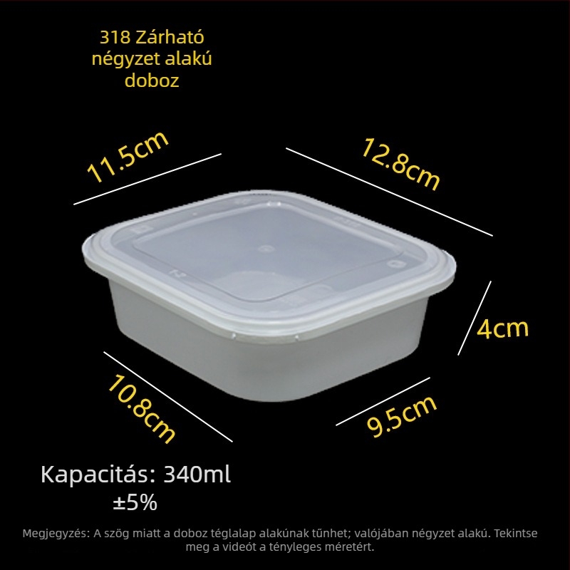 Egyszer használatos ebédes doboz 318, lopás elleni zár, négyszögletes alakú, élelmiszer-minőségű, elvitelre alkalmas csomagoláshoz, vastított, fedéllel, prémium