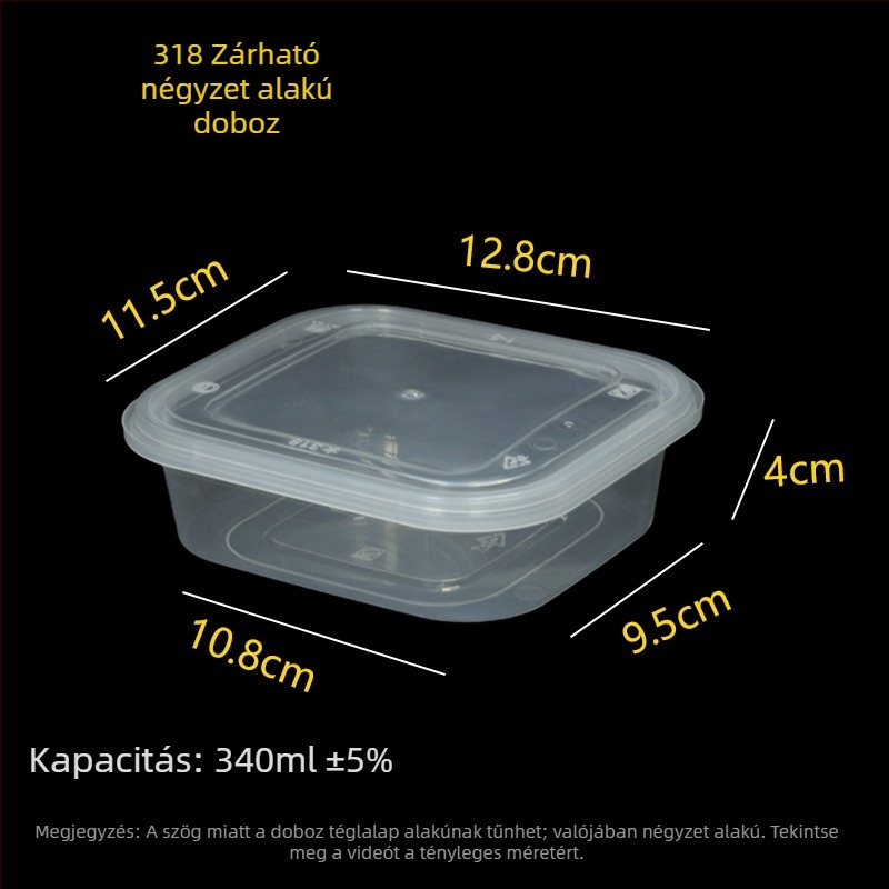 Egyszer használatos ebédes doboz 318, lopás elleni zár, négyszögletes alakú, élelmiszer-minőségű, elvitelre alkalmas csomagoláshoz, vastított, fedéllel, prémium