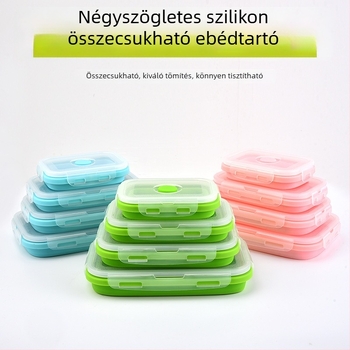 Silikonból készült összecsukható ebédes doboz - négyzet alakú, mikrohullámú sütőben használható, hőtartó, kapacitás 1-2 L