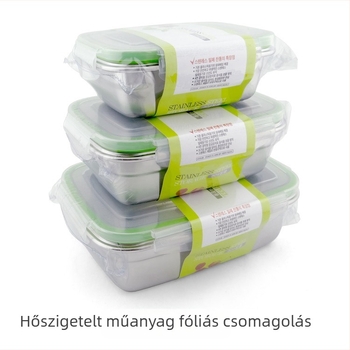 304 rozsdamentes acélból készült négyszögletes ételhordó készlet, zárható fedéllel és szivárgásmentes tömítéssel, három darabos