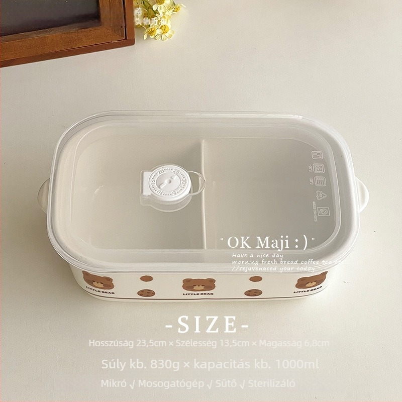 Kerámia ebédes doboz fedéllel, téglalap alakú, mikrohullámú sütőben használható, 800–1000 ml kapacitás, medve minta és osztott rekeszek