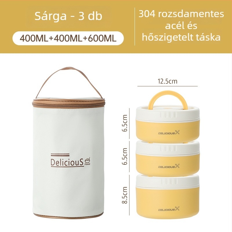 304 rozsdamentes acél ebédes doboz, kör alakú, mikróhullámú sütőbe használható, egy rétegű, levehető és mosható fedél
