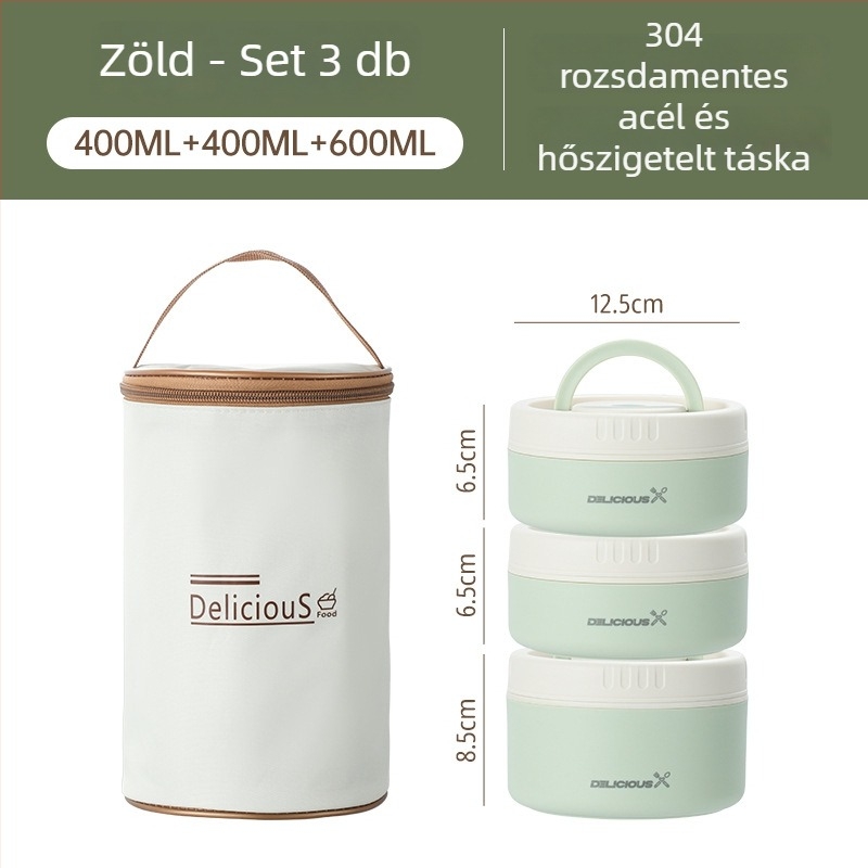 304 rozsdamentes acél ebédes doboz, kör alakú, mikróhullámú sütőbe használható, egy rétegű, levehető és mosható fedél