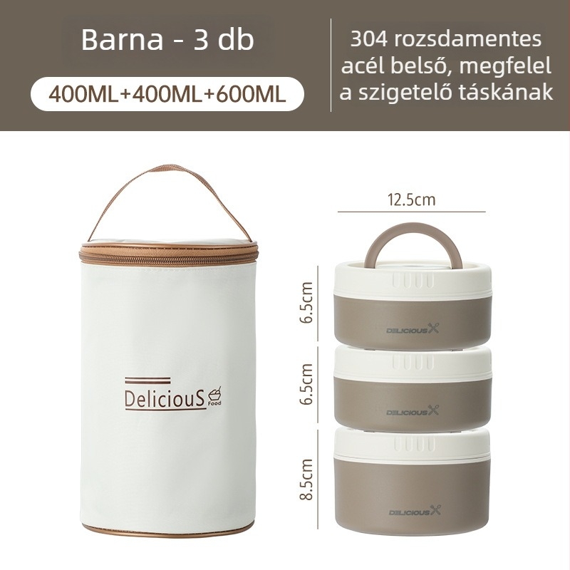 304 rozsdamentes acél ebédes doboz, kör alakú, mikróhullámú sütőbe használható, egy rétegű, levehető és mosható fedél