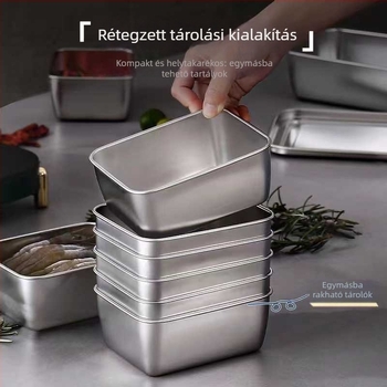304-es rozsdamentes acélból készült frissességmegőrző doboz, téglalap alakú fedővel, mikrohullámú sütő kompatibilis, 301–500 ml kapacitás, modern minimalista stílus