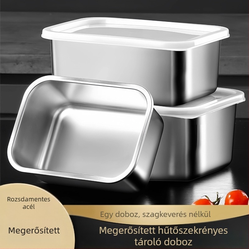 304-es rozsdamentes acélból készült frissességmegőrző doboz, téglalap alakú fedővel, mikrohullámú sütő kompatibilis, 301–500 ml kapacitás, modern minimalista stílus