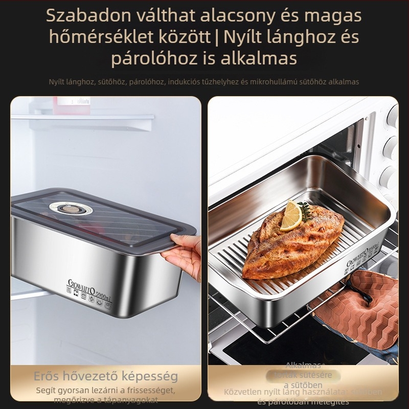 Nagy kapacitású élelmiszer-minőségű rozsdamentes acél vákuumzáras tárolóedény fedéllel, hűtőszekrényhez