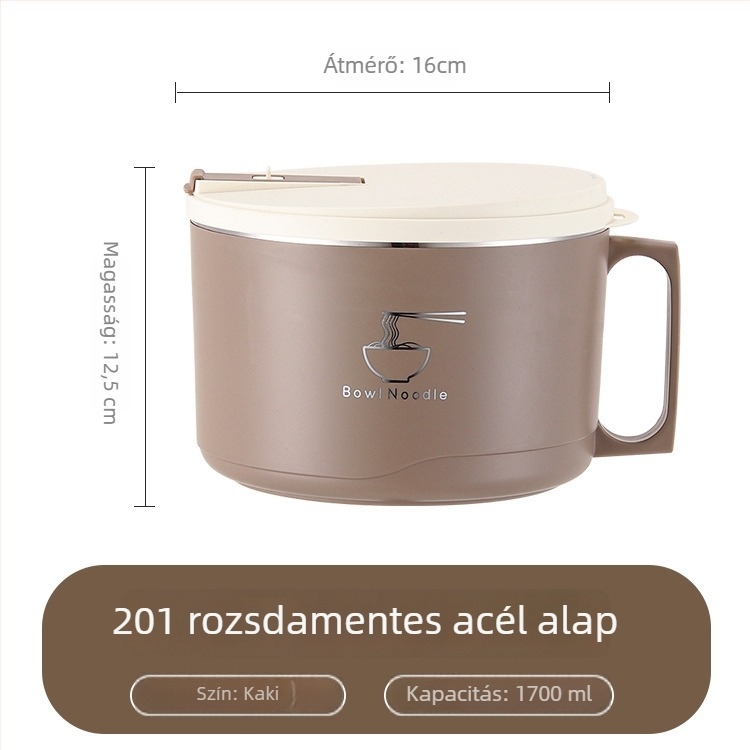 304 rozsdamentes acél instant tészta tál fedővel, lecsöpögtethető ebédes tál, 1–2 L kapacitás, könnyű luxus retro stílus