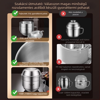 316L rozsdamentes acél ebédes doboz fedővel, dupla rétegű, mikrohullámú sütőben használható, kapacitás 1–2 L