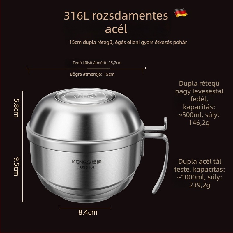 316L rozsdamentes acél ebédes doboz fedővel, dupla rétegű, mikrohullámú sütőben használható, kapacitás 1–2 L
